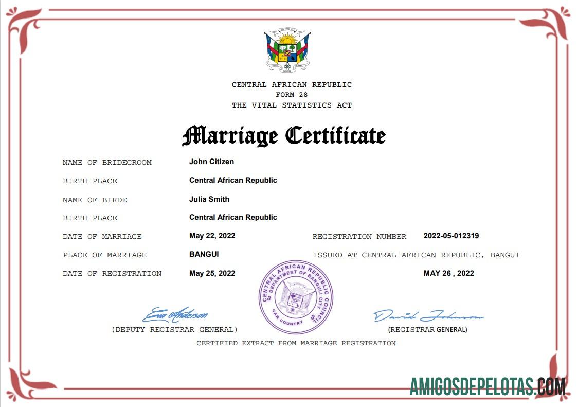 Realista modelo Word e PDF de certidão de casamento na República Centro-Africana